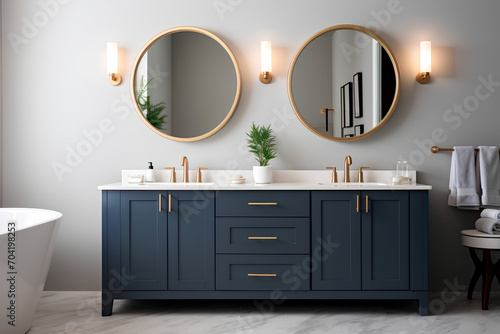 Brand new luxury home showcases a beautiful bathroom flooded with light, featuring a spacious vanity with dark blue cabinets, two sinks, a bathtub, circular mirrors, and a stylish closet.