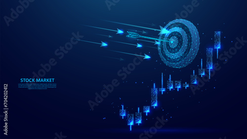 candlestick illustration of stock trading and investment targets in blue low poly style. investment goals, profits, and bullish trends.