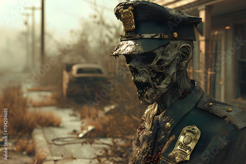 A detailed portrayal of an undead figure in police attire, embodying the classic zombie archetype in a post-apocalyptic scenario.