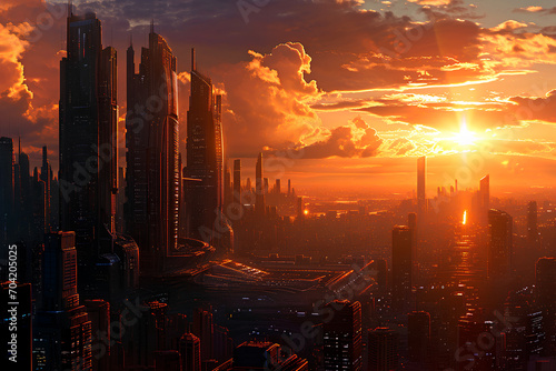View of the future world at sunset. City of the future, big skyscrapers