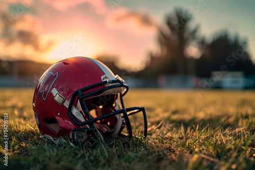 A football and a helmet resting on the field.