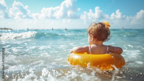 Little child girl in swimwear with swim ring playing in sea water at tropical beach on summer sunny day. Activity lifestyle concept.