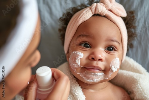 Caucasian mother applying healthy skin care moisturizing cream on cute adorable funny african american baby girl daughter face. Skincare lotion for infant pediatric diathesis treatment, Generative AI 