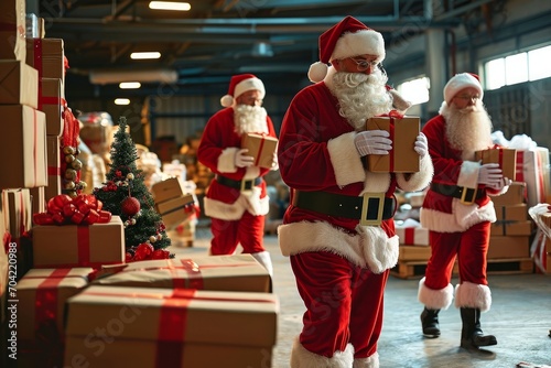Many busy Santa Clauses packing gift boxes preparing fast xmas delivery. Three funny Santas walking in workshop warehouse in Merry Christmas rush delivering presents during holiday, Generative AI 