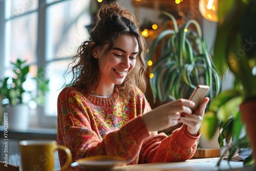 Young happy smiling pretty woman sitting at table holding smartphone using cellphone modern technology, looking at mobile phone while remote working or learning, texting messages, Generative AI 