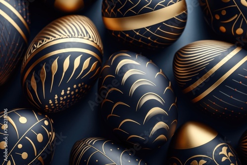Dark blue Easter eggs with handmade gold pattern. Hand-painted eggs. Trend. concept of a happy Easter.
