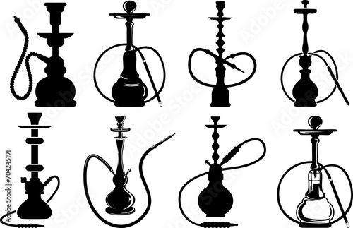 Hookah icon set black silhouette. Arabic hookahs collection. Isolated on white background. Lounge bar poster, banner or flyer designing concept. HD resolution images.