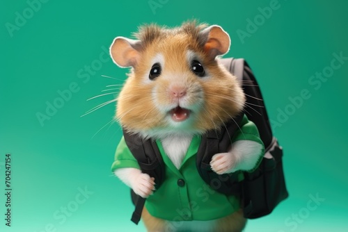 A schoolboy hamster with a backpack on green background.