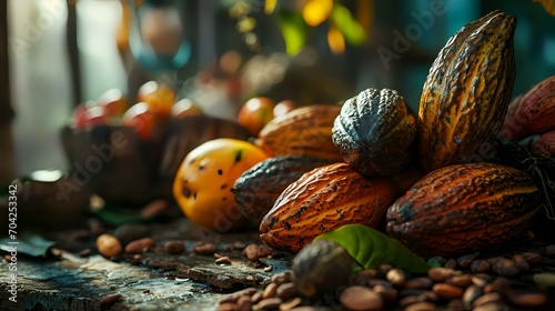 Cacao beans, cocoa pods, and fruits on a rustic background