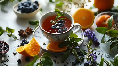 A cup of tea with fresh berries and mint on the table, closeup