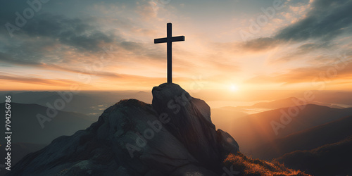 Illustration of christian cross appears bright in the sky background ai,The cross of christ on top of the mountain with beautiful sunset in the background panoramic generative ai,Good friday ash wedne