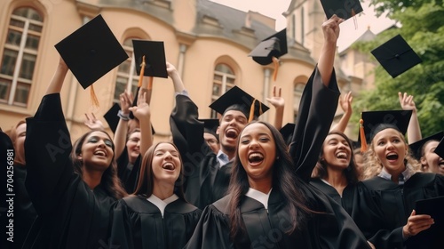 A group of cheerful graduates holding diplomas or certificates up together and celebrating success. Diverse multiethnic young students in black robes graduating outside university college institution 