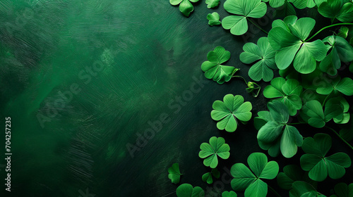 Green cloves on dark green background. Saint Patricks Day holiday back drop.