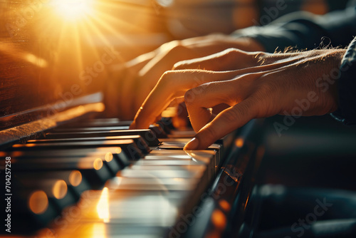 A musician's hands gracefully playing a piano keyboard during a warm, sunlit evening, evoking a feeling of passion and musicality.