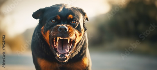 Strong rottweiler dog in the field in training, Aggressive Rottweiler pulling very hard towards, Animal Clinic, Pet check up and vaccination concept.
