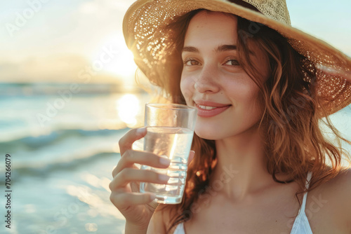 Hydration concept image with young beautiful girl drinking a glass of water on the beach on hot sunny summer heatwave day