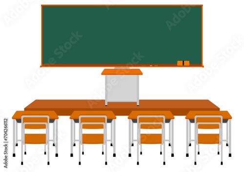 学校の黒板と机と椅子