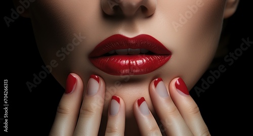  a close up of a woman's face with her hands on her face and red lipstick on her lips.