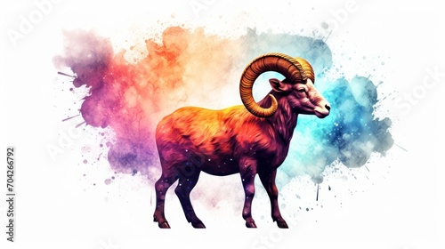  a watercolor painting of a ram standing in front of a multicolored cloud of smoke and smudges.