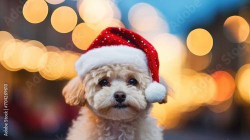  a small white dog wearing a red and white santa hat with a red and white pom pom on it's head.