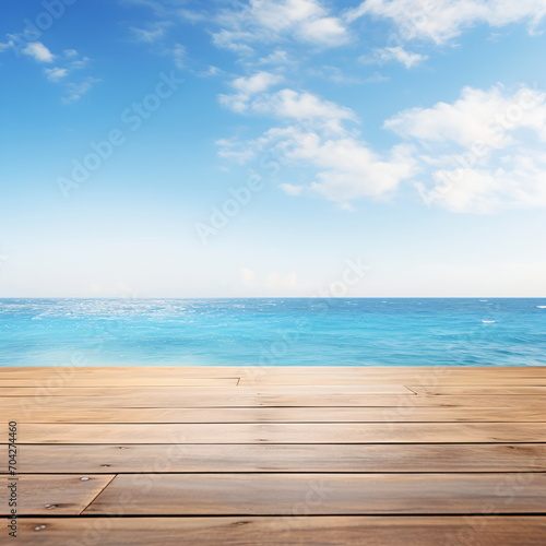 Wooden dock over calm ocean with clear blue sky and white clouds