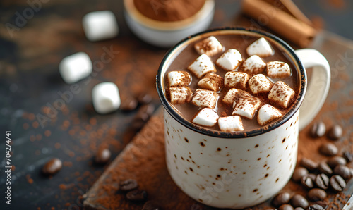 Chocolate hot cocoa in coffee white mug with marshmallow, Generative AI 