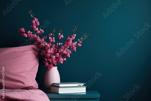 A beautiful pink flower bouquet in a vase on a nightstand with a pink pillow and books