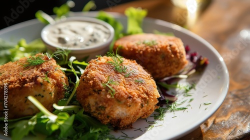 Crispy fish cakes made with a blend of fresh fish, herbs, and spices, served with a side of lemon-dill aioli and mixed greens.