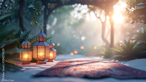Eid Mubarek - Ramdan Kareem ... Islamic lantern in the middle of desert . generative AI