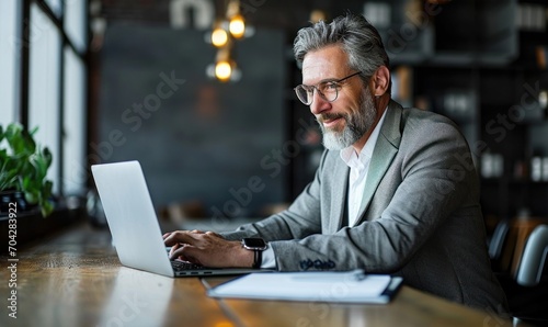 Happy busy middle aged business man ceo wearing suit sitting at desk in office using laptop. Mature businessman professional executive manager working, Generative AI 