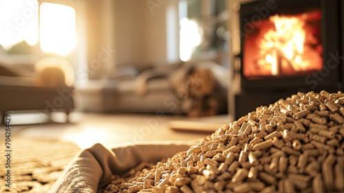 wood pellets in a warm livingroom with burning oven. Generative AI