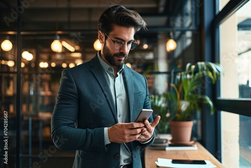 Busy young Latin business man using cellphone at work standing in office. Serious male executive, businessman employee or entrepreneur holding smartphone working on mobile cell phone, Generative AI 