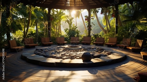 secluded outdoor yoga space with a fire pit