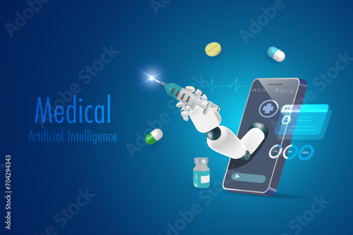 AI robot hand holding syringe on smartphone. Artificial intelligence robot assist doctor solving patient health problem. Medical and heath care technology.