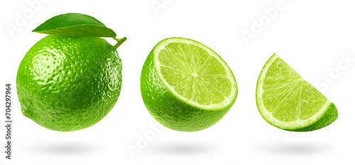 Lime isolated set. Collection of ripe lime, half and piece of lime on a transparent background. Fruit levitation.