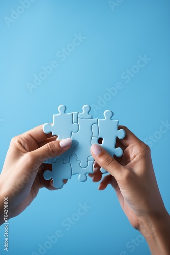 Blue puzzle pieces being put together by a person of undetermined ethnicity and gender,
