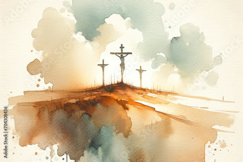 Crosses of Jesus Christ on the hill. Digital watercolor painting.