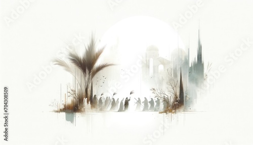 Palm sunday. Christ's triumphal entry into Jerusalem. Silhouette of a crowd of people on the background of palm trees and ancient city.