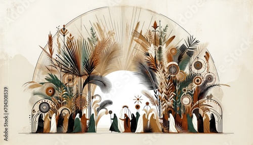 Palm sunday. Christ's triumphal entry into Jerusalem. Ethnic retro vintage illustration.