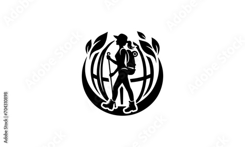 travelling logo , A logo-style silhouette featuring a female hiker centered within a globe