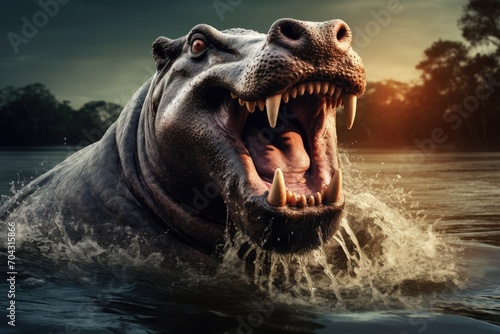 A powerful hippopotamus in its natural habitat, with its jaws agape, showcasing its dominance in the water, A hippopotamus emerging from a river with its mouth wide open, AI Generated