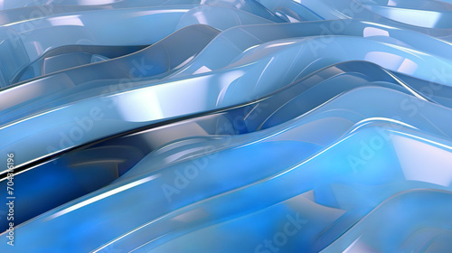 A 3D rendered image featuring undulating, glossy blue ribbons with soft shadows and highlights creating a fluid, wavelike pattern.Background concept. AI generated. 