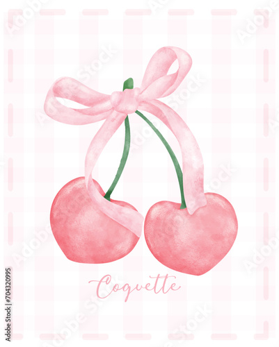 Cute coquette aesthetic pink ribbon bow with red cherries in vintage style watercolor.