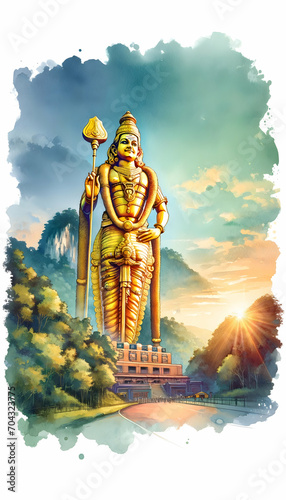 Watercolor illustration of gold lord murugan statue .