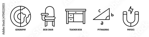 Physics, Pythagoras, Teacher Desk, Desk Chair, Geography editable stroke outline icons set isolated on white background flat vector illustration.