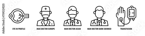 Transfusion, Man Doctor Dark Skinned, Man Doctor Asian, Man Doctor Europe, Eye in Profile editable stroke outline icons set isolated on white background flat vector illustration.