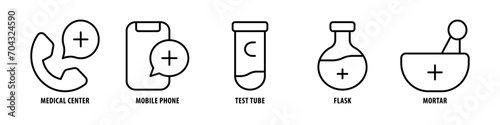Mortar, Flask, Test Tube, Mobile phone, Medical Center editable stroke outline icons set isolated on white background flat vector illustration.