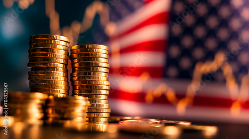 Stacks of coins with a blurred US flag financial theme backdrop, economic concept of America. 