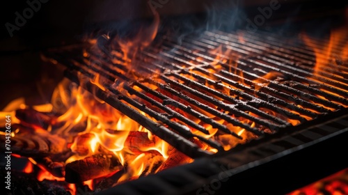 Empty flaming grill grates with open fire, ready for product placement. Background for grilled food with fire.