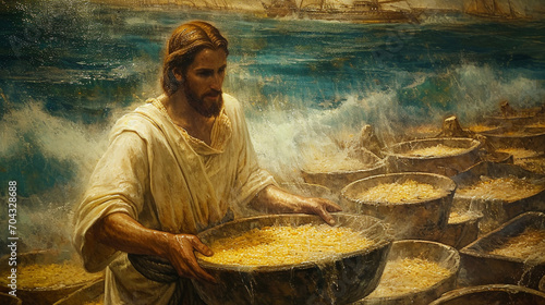 Miraculous Feeding of the 5,000: A visual representation of Jesus multiplying loaves and fishes to feed the multitude, illustrating divine compassion and abundance